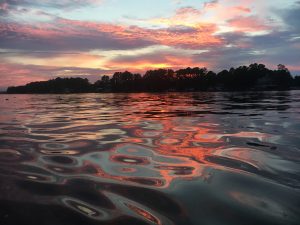 sunset over water in broad creek, north carolina